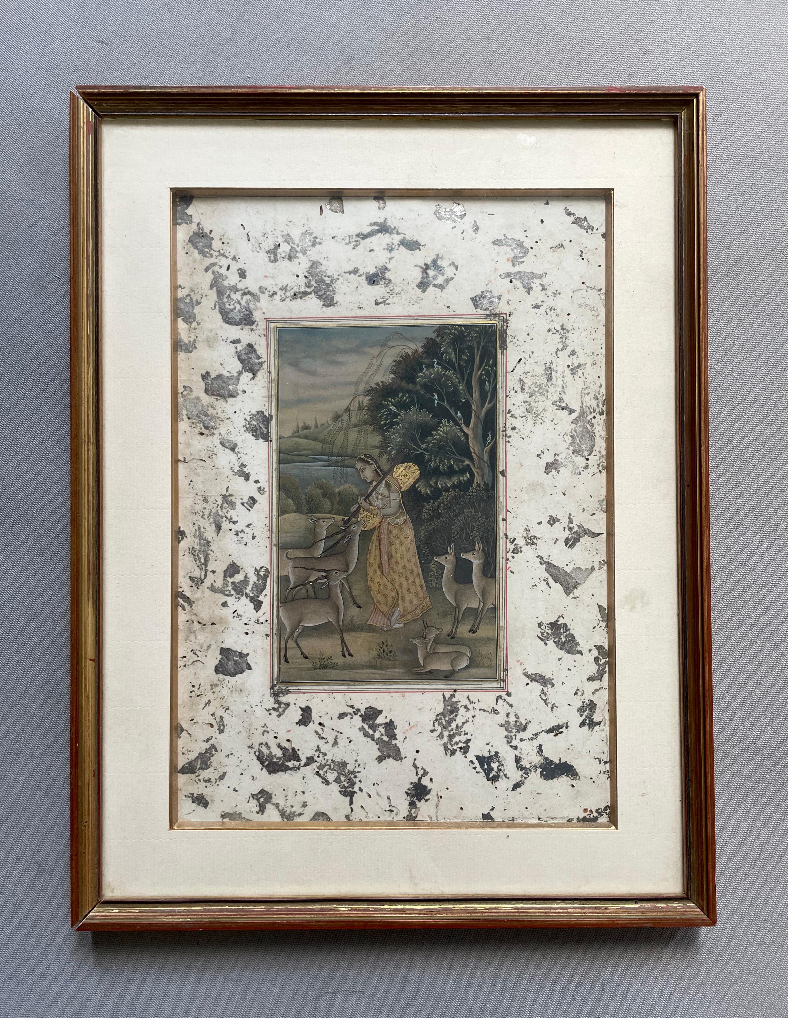 Indian Miniature, Musician And Antelopes - Painting by Unknown