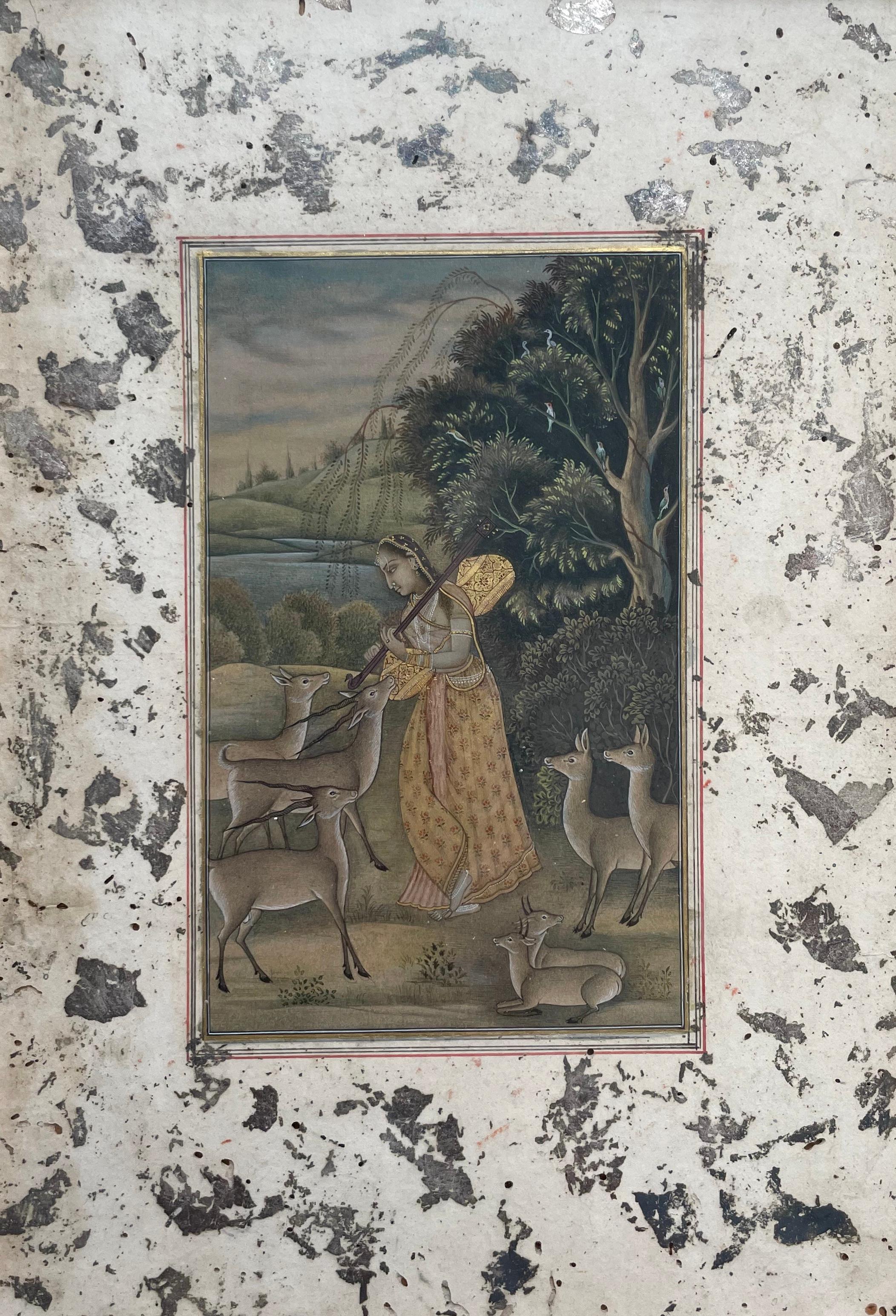 Indian Miniature, Musician And Antelopes - Beige Figurative Painting by Unknown