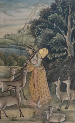 Antique Indian Miniature, Musician And Antelopes
