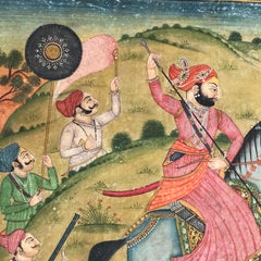 Ritratto in miniatura indiana del maharaja Dip Singh di Kaparan mentre caccia un cinghiale, Bundi 1800