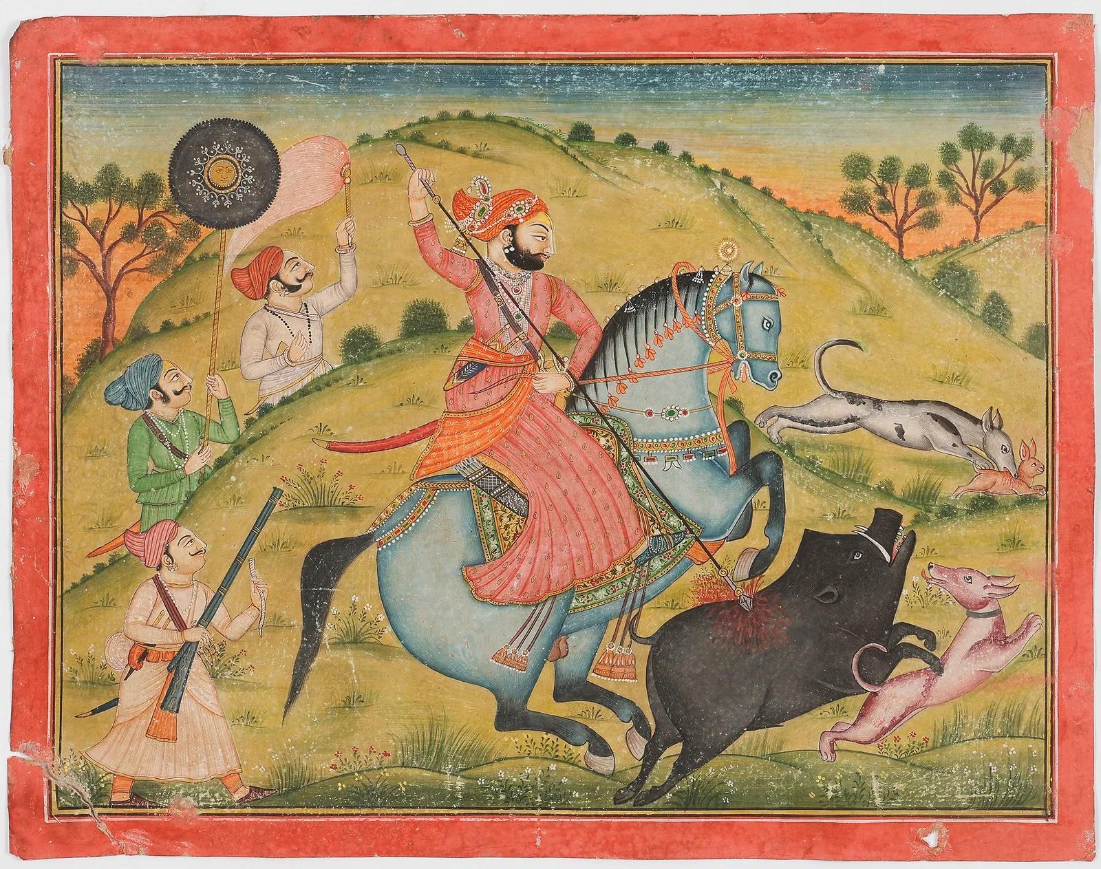 Indisches Miniaturporträt: Maharaja Dip Singh von Kaparan bei der Wildschweinjagd, Bundi 1800