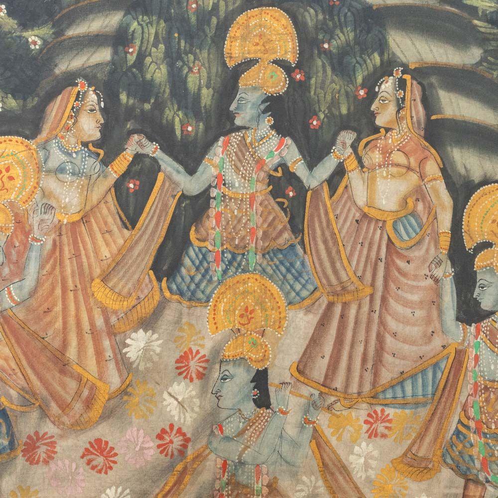 Indian School, Pichwai Painting, 19th century, gouache on cloth, depicting the Hindu god Krishna, consorts, and attendants within a scrolling foliate border, black frame. Image: 43