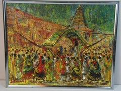 Wedding Celebration Oil Painting, Colorful, Signed, 1960s, Framed
