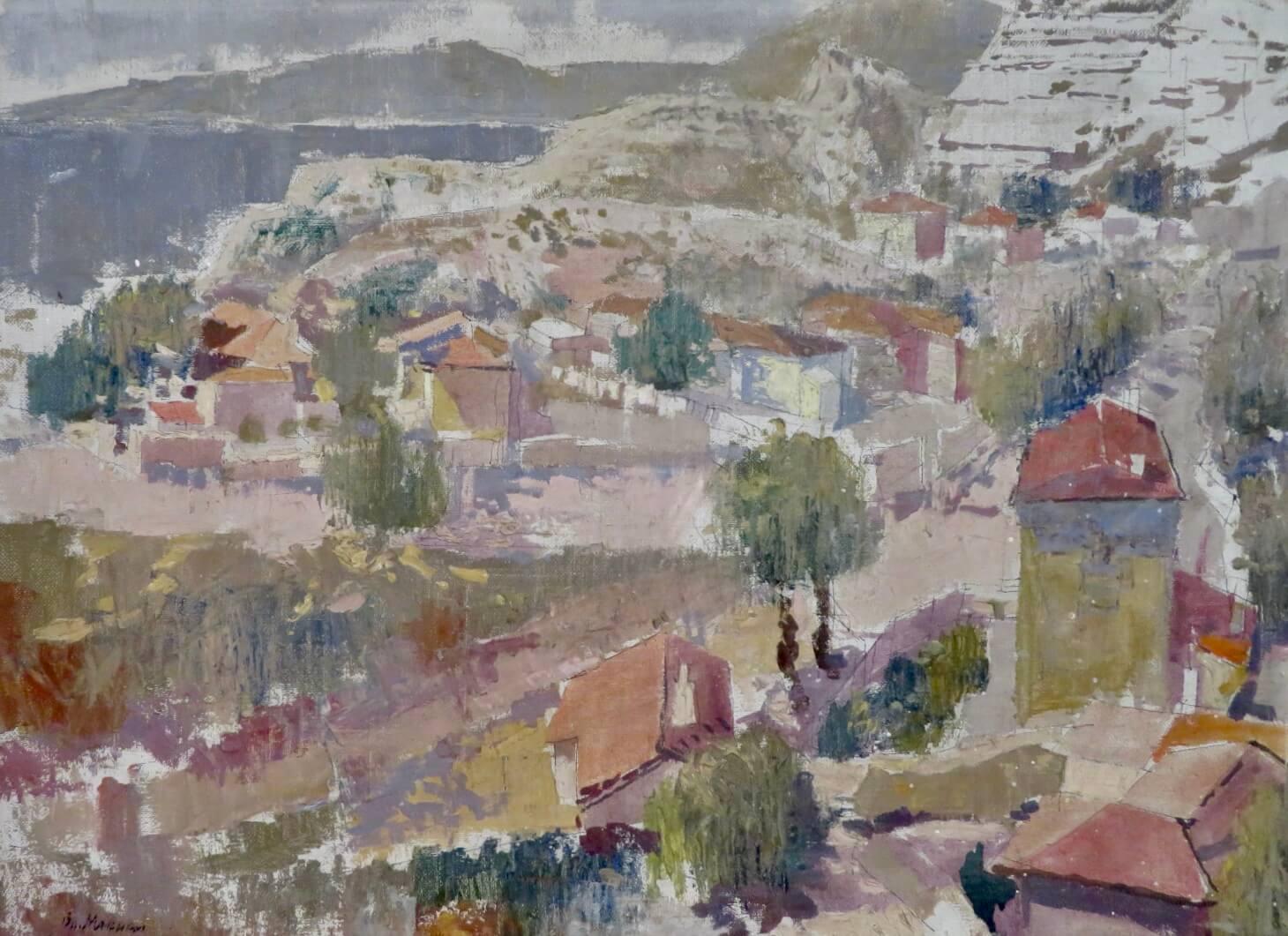 Pittura ad olio di paesaggio impressionista europeo del XX secolo firmata in modo indistinto - Painting di Unknown