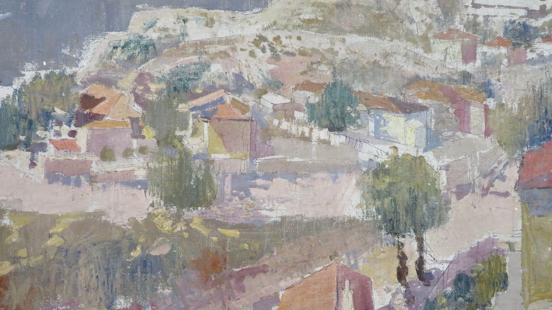 Pittura ad olio di paesaggio impressionista europeo del XX secolo firmata in modo indistinto 1