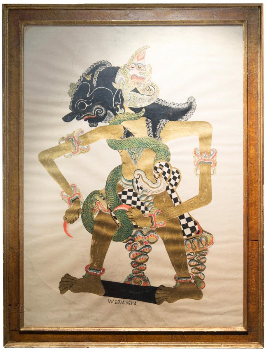 Unknown Figurative Painting – Indonesian Painting on Paper in Vintage Burl Wood Frame, Early 20th Century