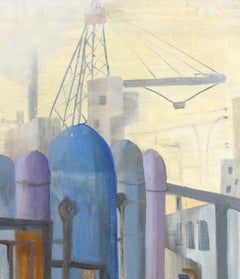 Industrial Cityscape Landscape Oil Painting Possibly Ukrainian Framed Blue Rare