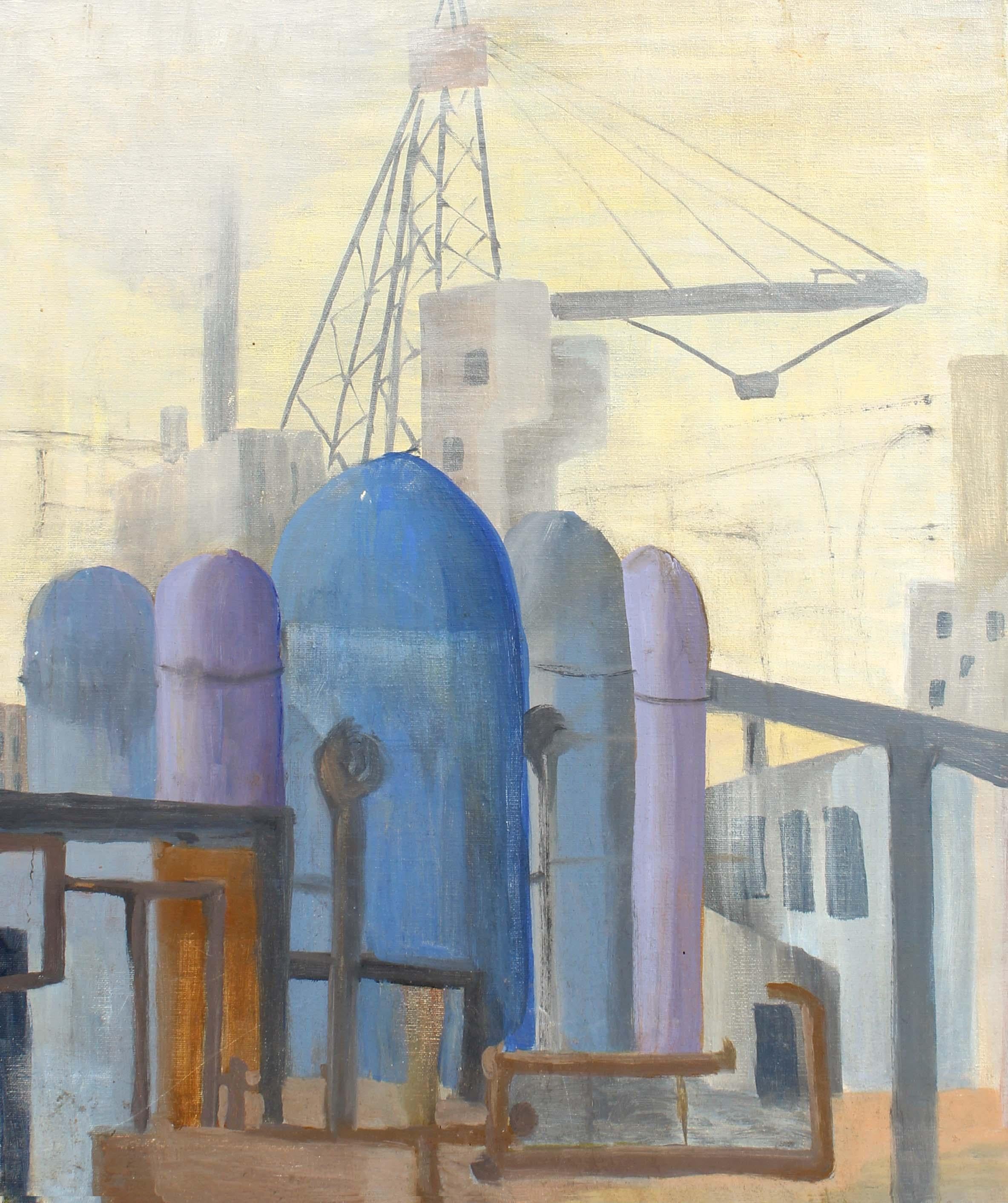 Industrielle Stadtlandschaft, Landschaft, Ölgemälde, möglicherweise ukrainisch, gerahmt, blau, selten (Moderne), Painting, von Unknown