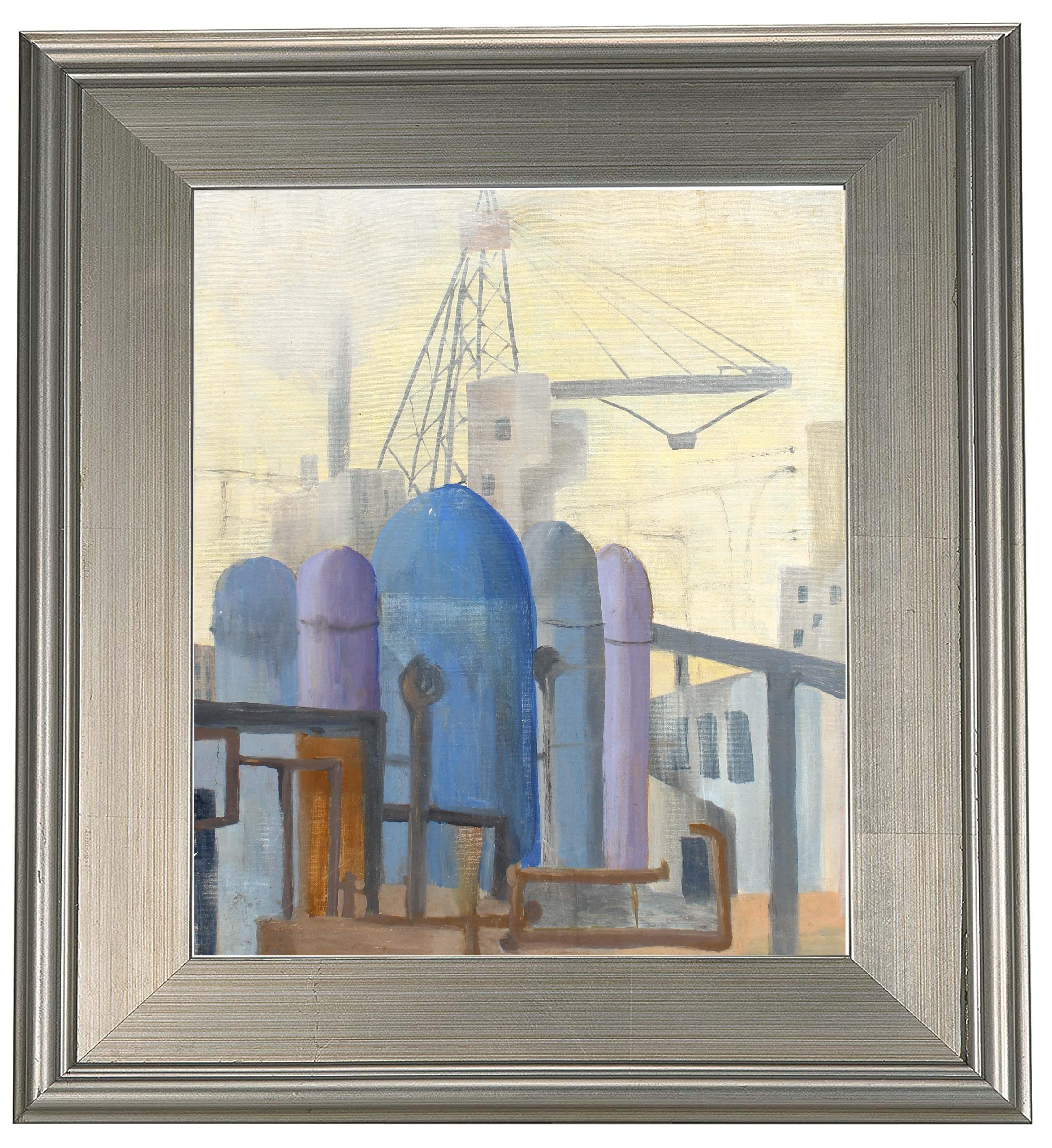 Unknown Figurative Painting - Industrial Cityscape Landscape Oil Painting Possibly Ukrainian Framed Blue Rare
