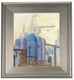 Industrial Cityscape Landscape Oil Painting Possibly Ukrainian Framed Blue Rare