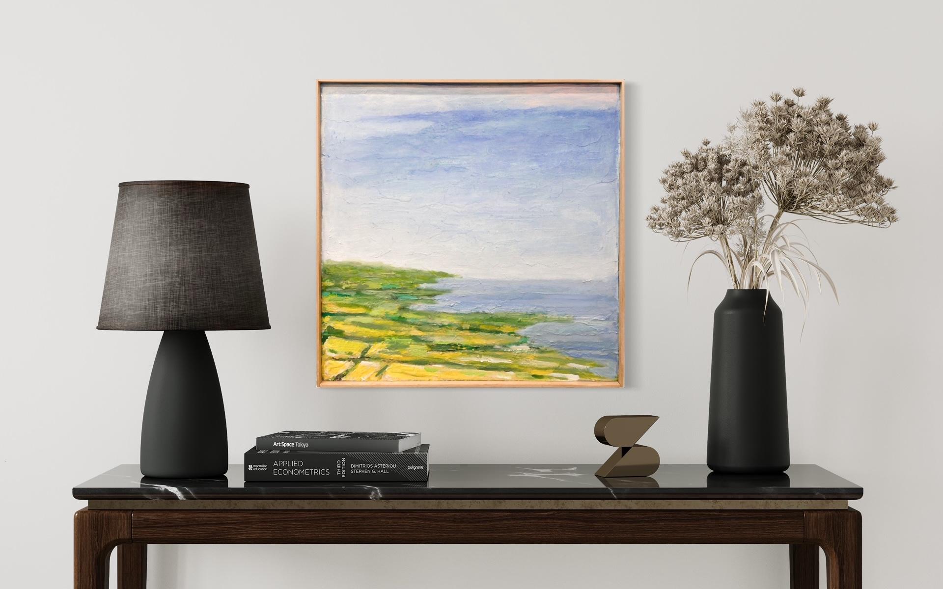 This is a lovely contemporary landscape painting, painted in a somewhat loose style, yet with strong underpinnings to earlier traditional landscape painting.  The use of color is calming and harmonious.  The artist deftly navigates the viewers eye