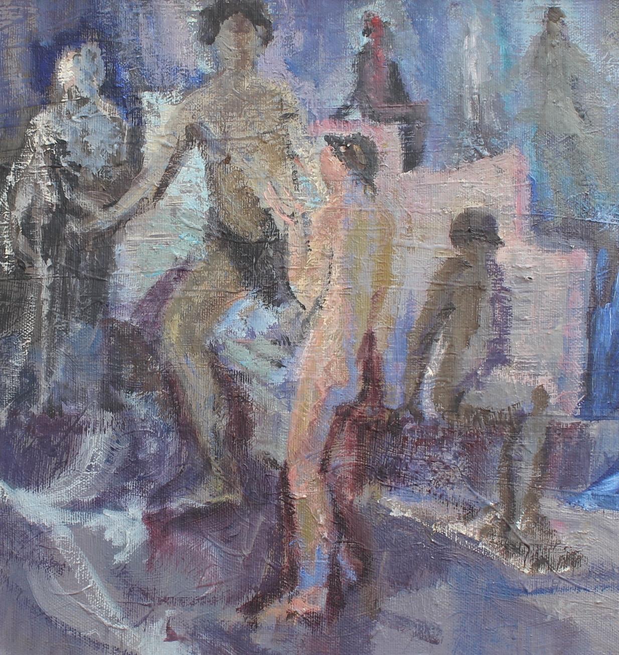 'Inspiration', oil on canvas (circa 1970s), by Locatelli. This piece was obtained in the south of France. The art is of the period in which vivid colour was at the vanguard. Here there are purples and blues which set the stage for this very