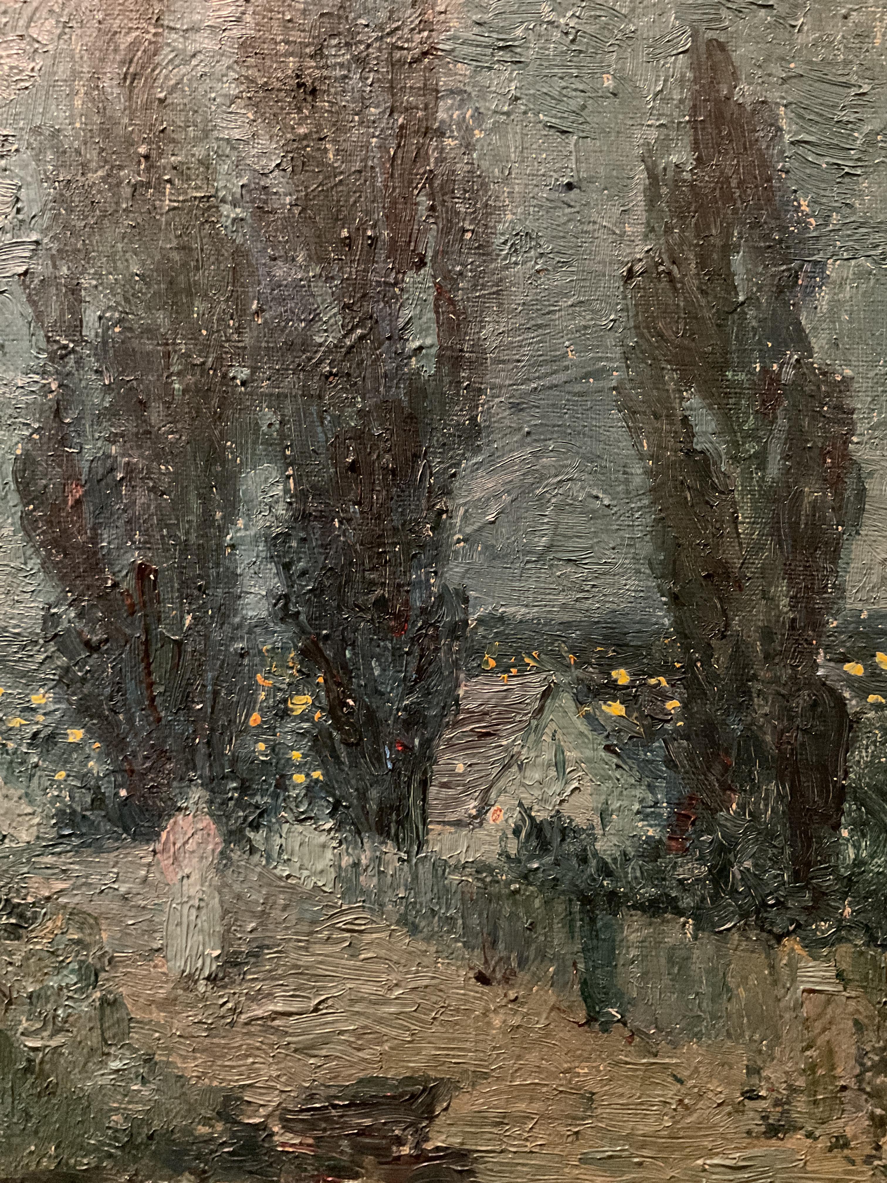 Interesting Antique Impressionist Night Scene Oil Painting, Signed illegibly  - Brown Landscape Painting by Unknown