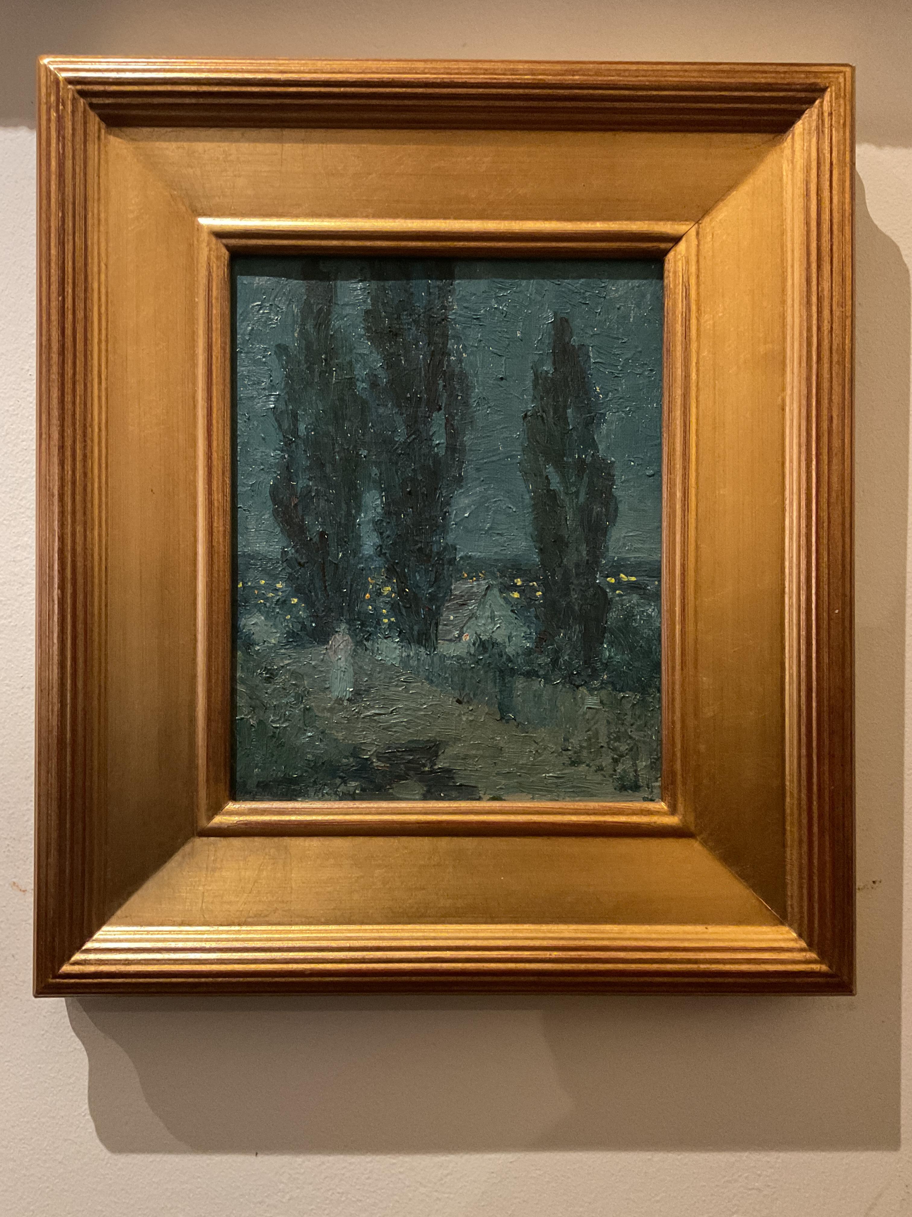 Unknown Landscape Painting – Interessantes antikes impressionistisches Ölgemälde mit Nachtszene, unleserlich signiert 