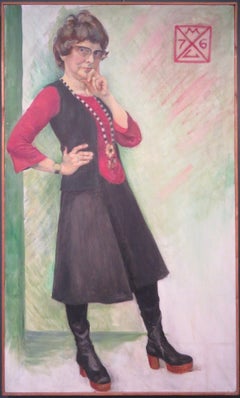 INTERESTING SIGNED 1970s Full Length PORTRAIT OF A LADY oil painting UNUSUAL !