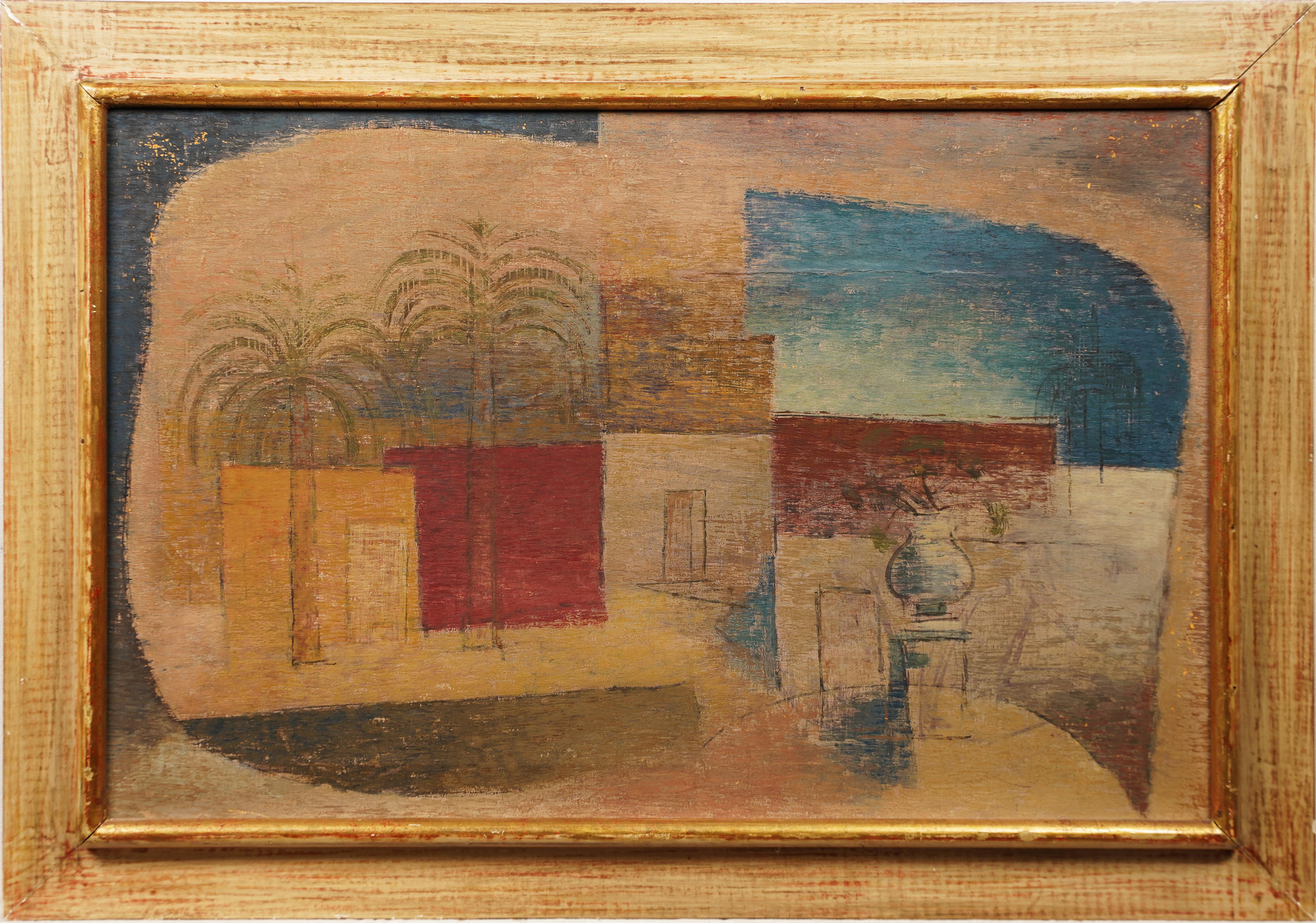 Antique American modernist signed abstract tropical oil painting.  Oil on board.  Framed.  