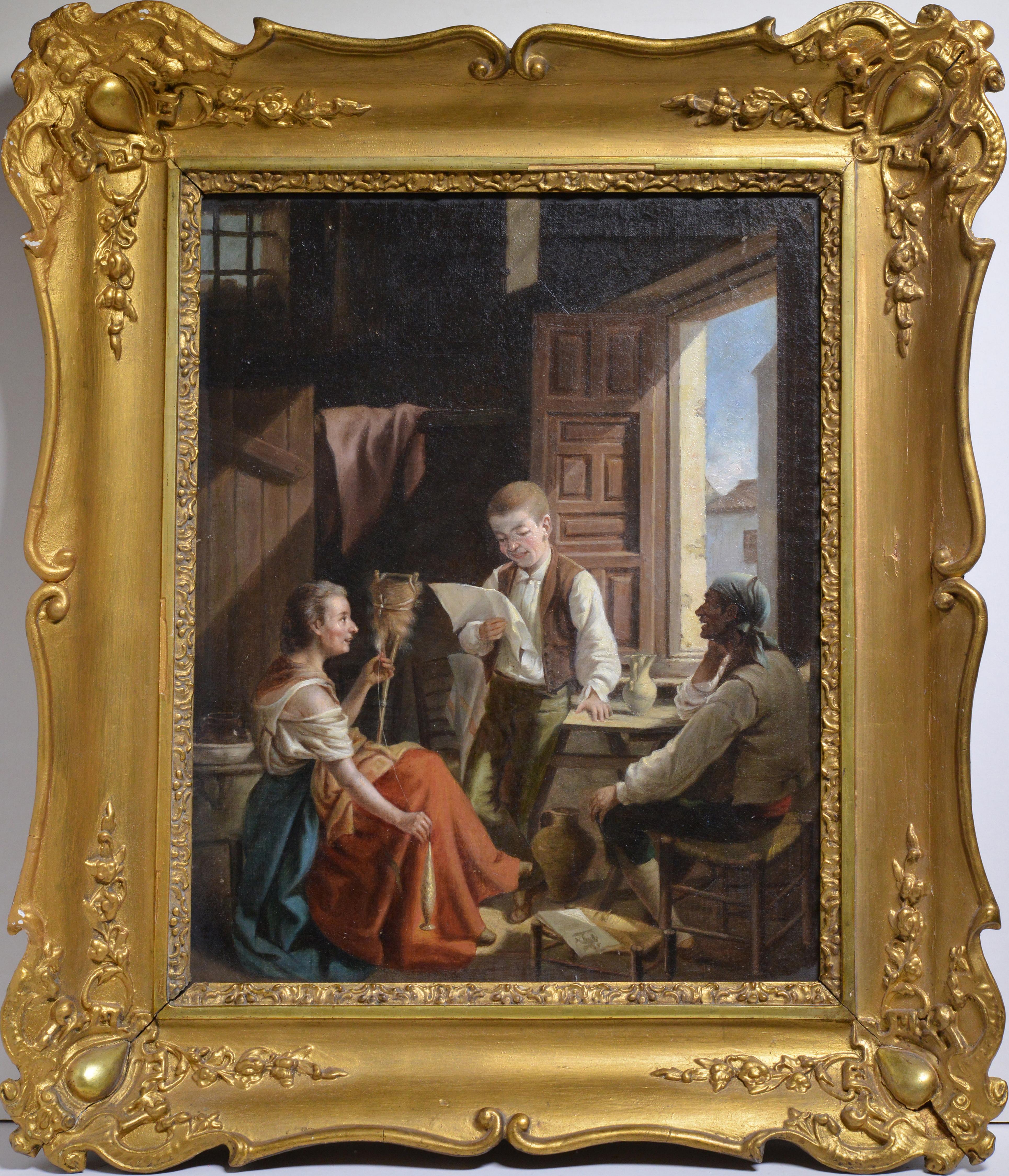 Interior genre scene Reading Early 20th century Oil painting Well framed 