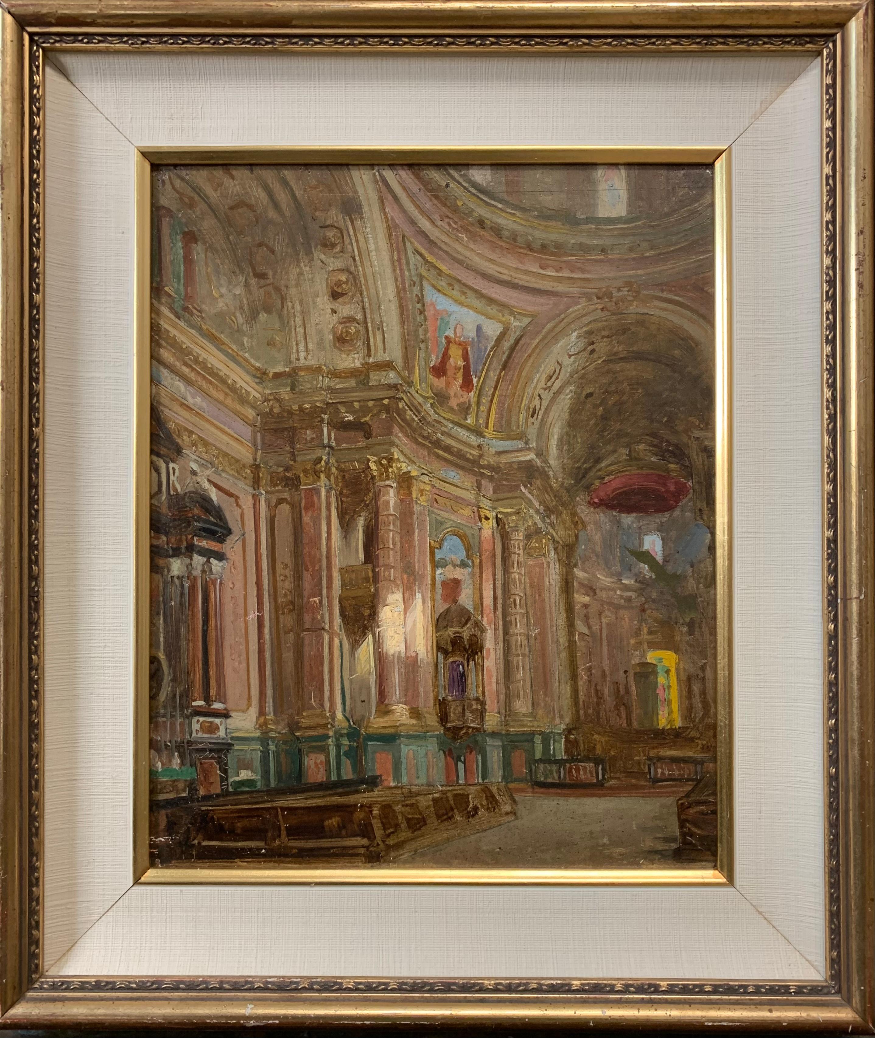 Interior of a church.
Late 19th - early 20th century.
Italian school.

Size with frame cm 42,5 x 37
Painting made with great attention to light and at the same time with very realistic details of the architecture.
Painter describes with fast, free