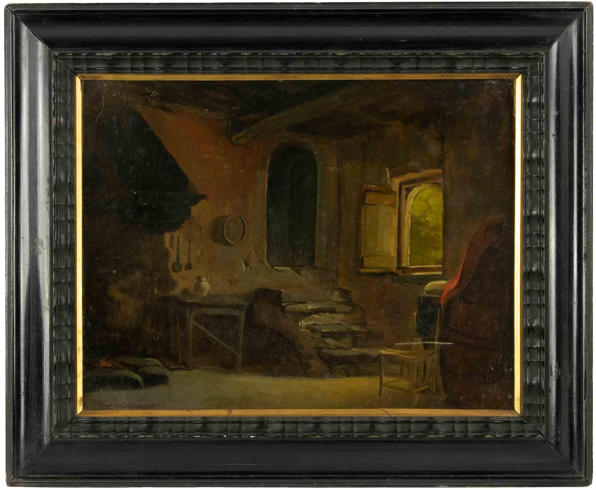 Interior of a  House - Oil Paint - Late 19th Century - Modern Painting by Unknown