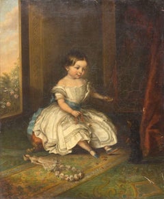 Interior Scene with Baby and Dog - Oil on Canvas by French Artist 19th Century