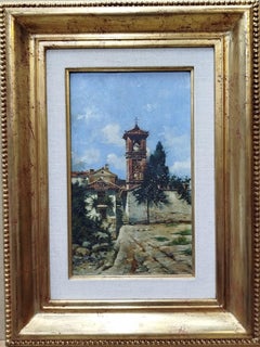 Realist Acrylic Interior Town Painting on Wood, Early 20th Century