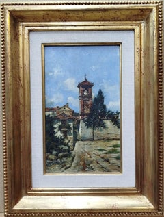 Realist Acrylic Interior Town Painting on Wood, Early 20th Century