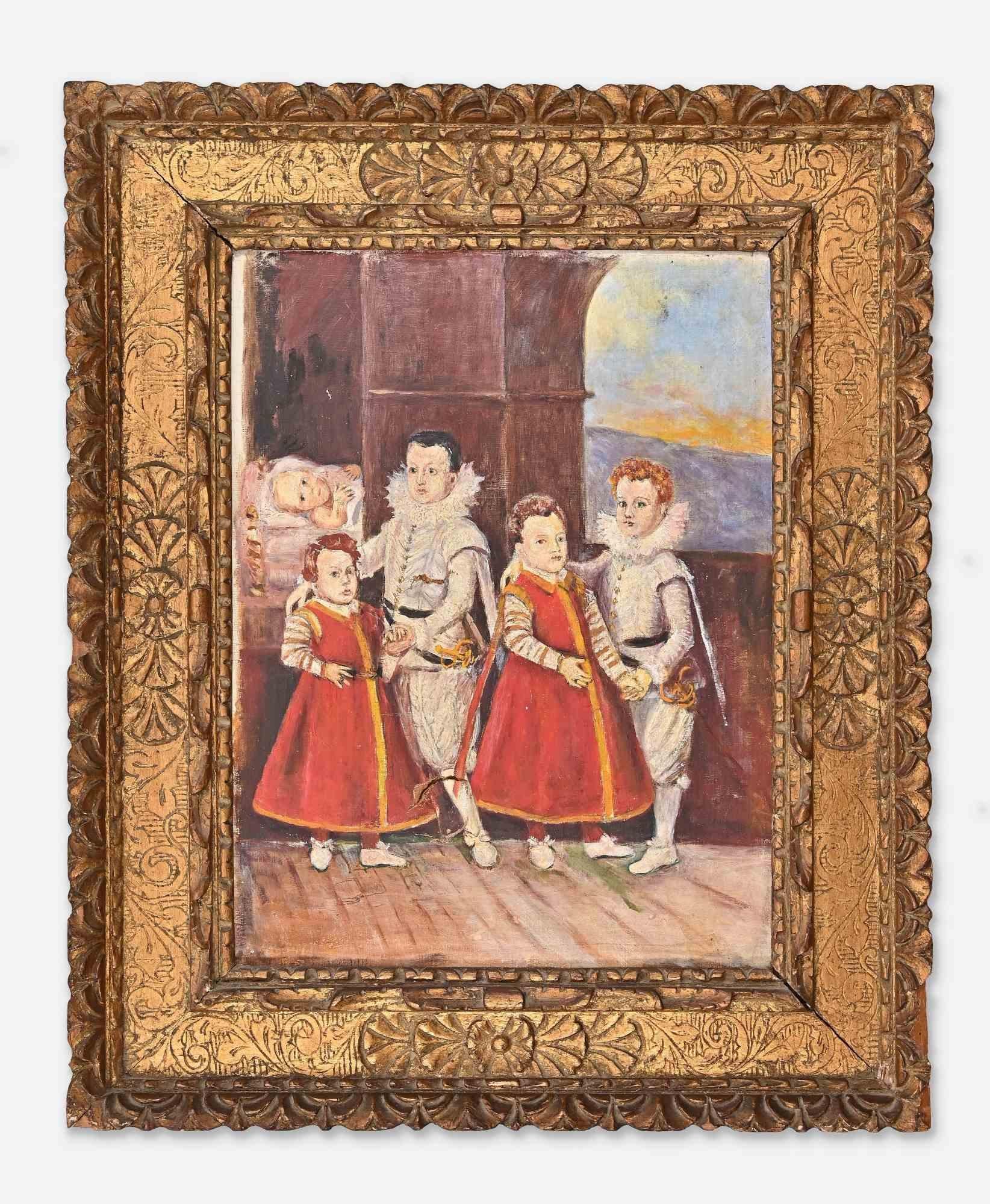 Intérieur avec cinq enfants - Peinture à l'huile sur toile - 19ème siècle