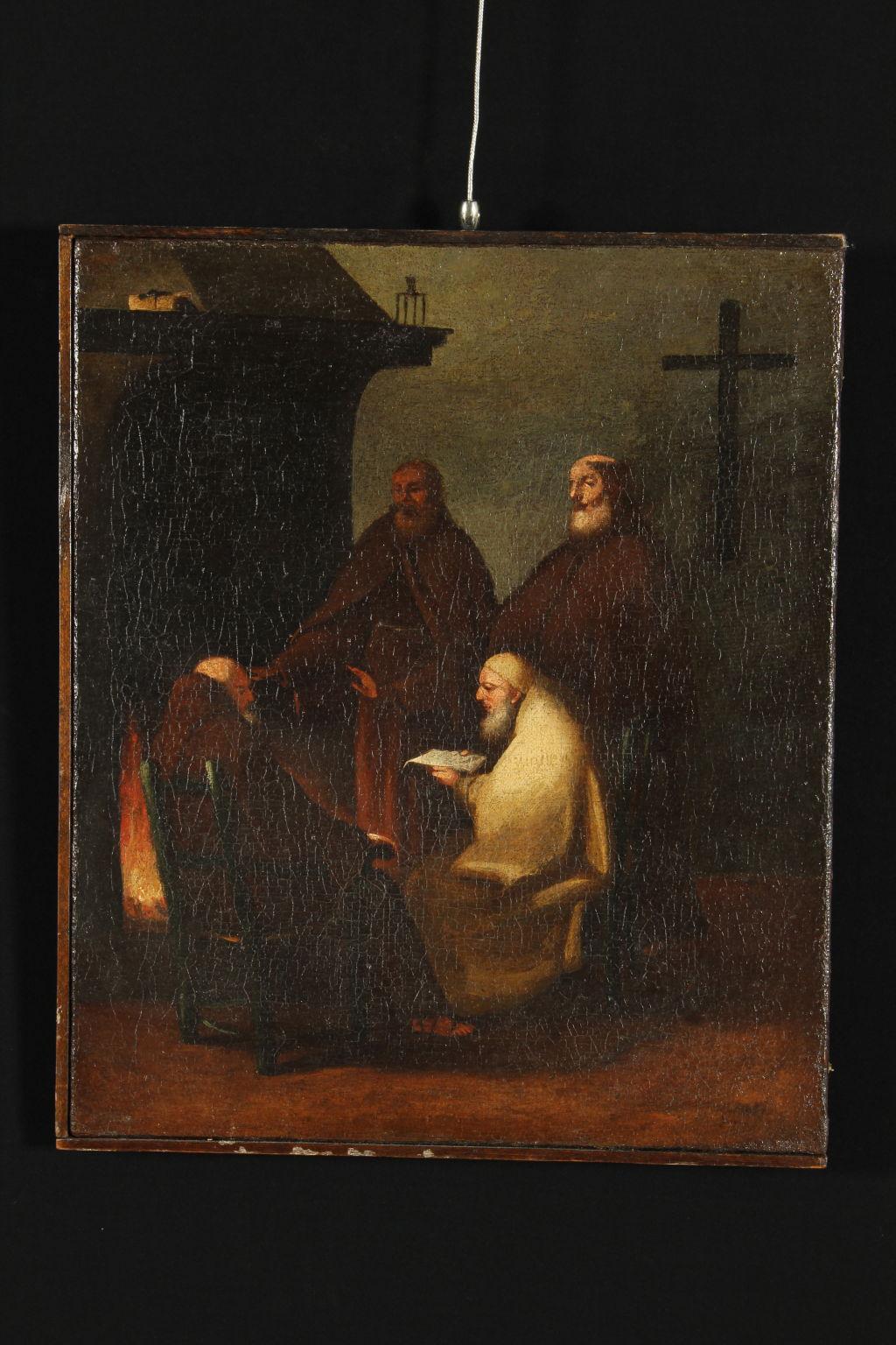 Unknown Interior Painting - Interior with Monks Oil Painting on Canvas 18th Century