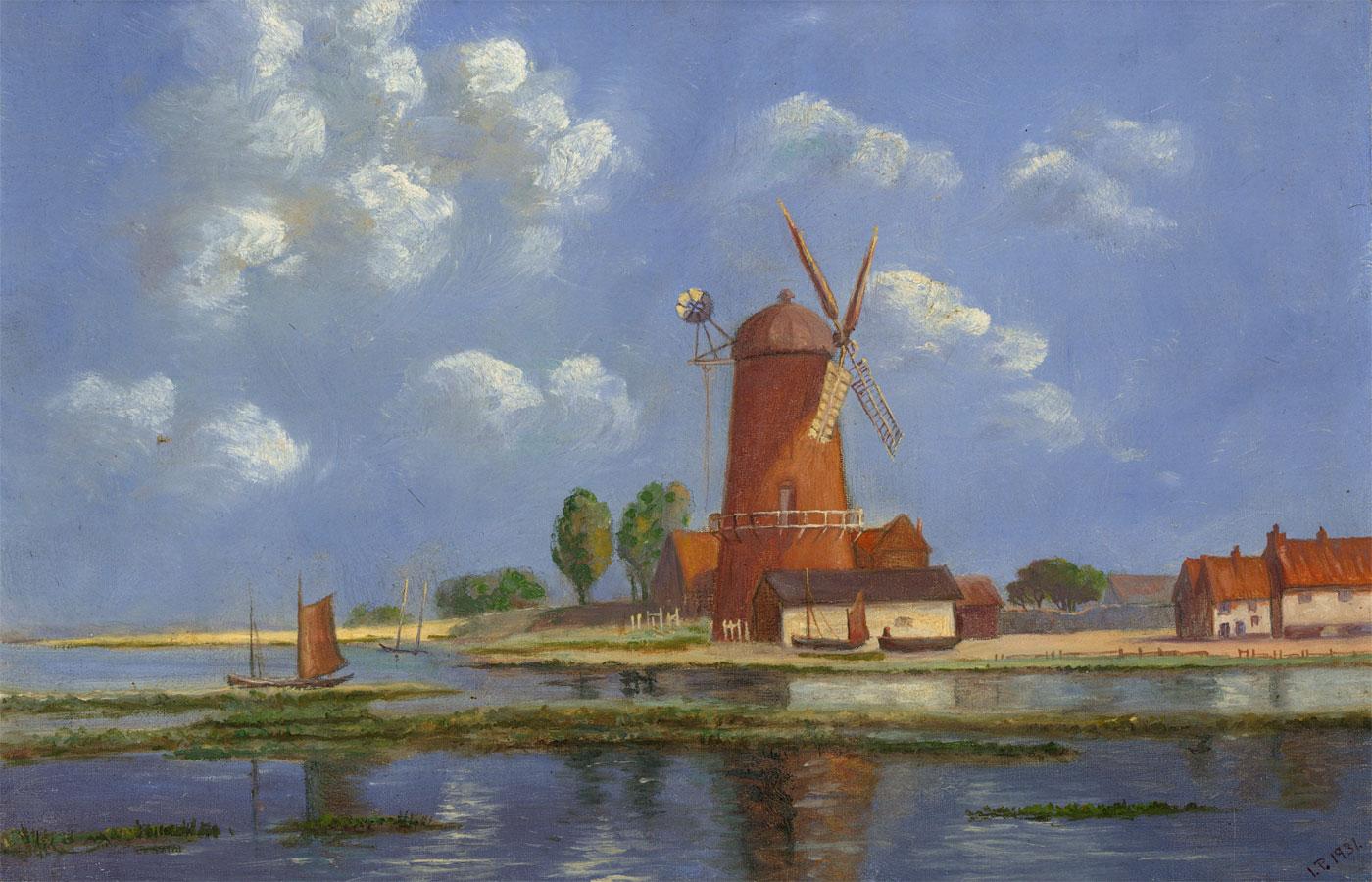 Irene Prentice - Framed 1931 Oil, Dutch Windmill Scene - Painting by Unknown