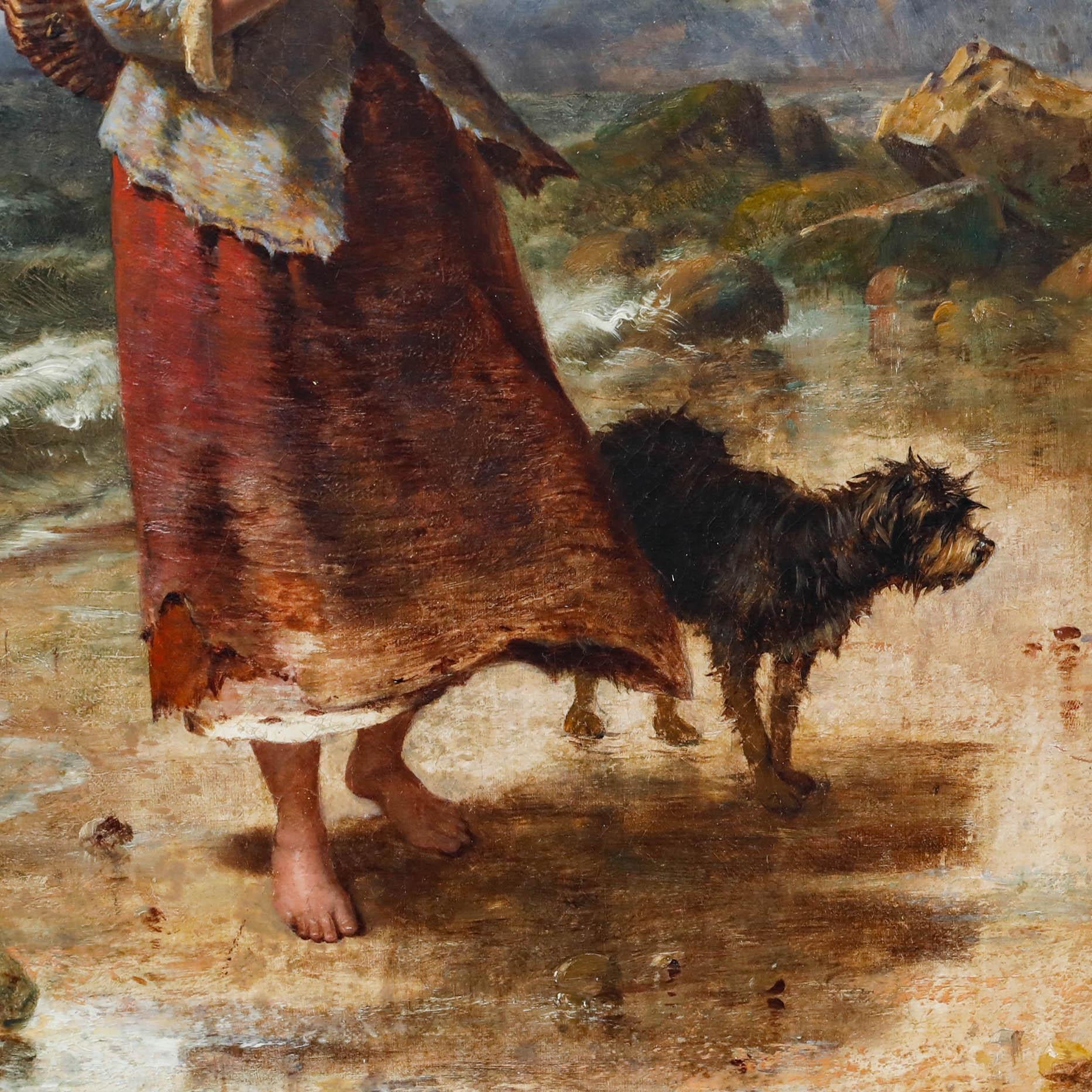 A charming genre scene by British artist Isaac Henzell (1823-1875). A young woman walks along a beach carrying a heavy basket on her back and clutching her hat against the wind. She is accompanied by a dog, whose fur is scruffy from the salty water.