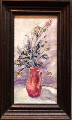 Israeli Expressionist Oil Painting Floral Bouquet Signed in Hebrew Miniature