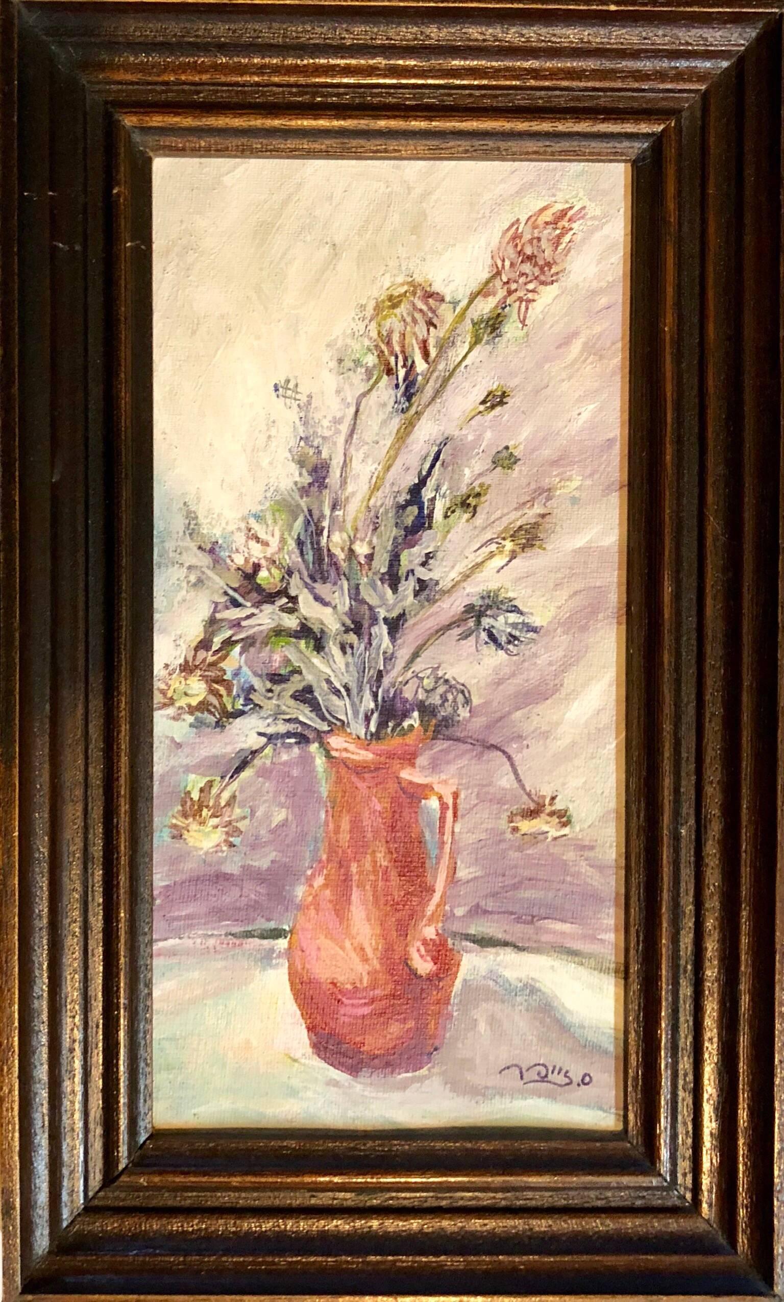  Israeli Expressionist Oil Painting Floral Bouquet Signed in Hebrew Miniature For Sale 1