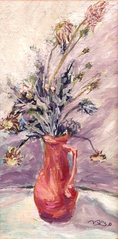  Israeli Expressionist Oil Painting Floral Bouquet Signed in Hebrew Miniature
