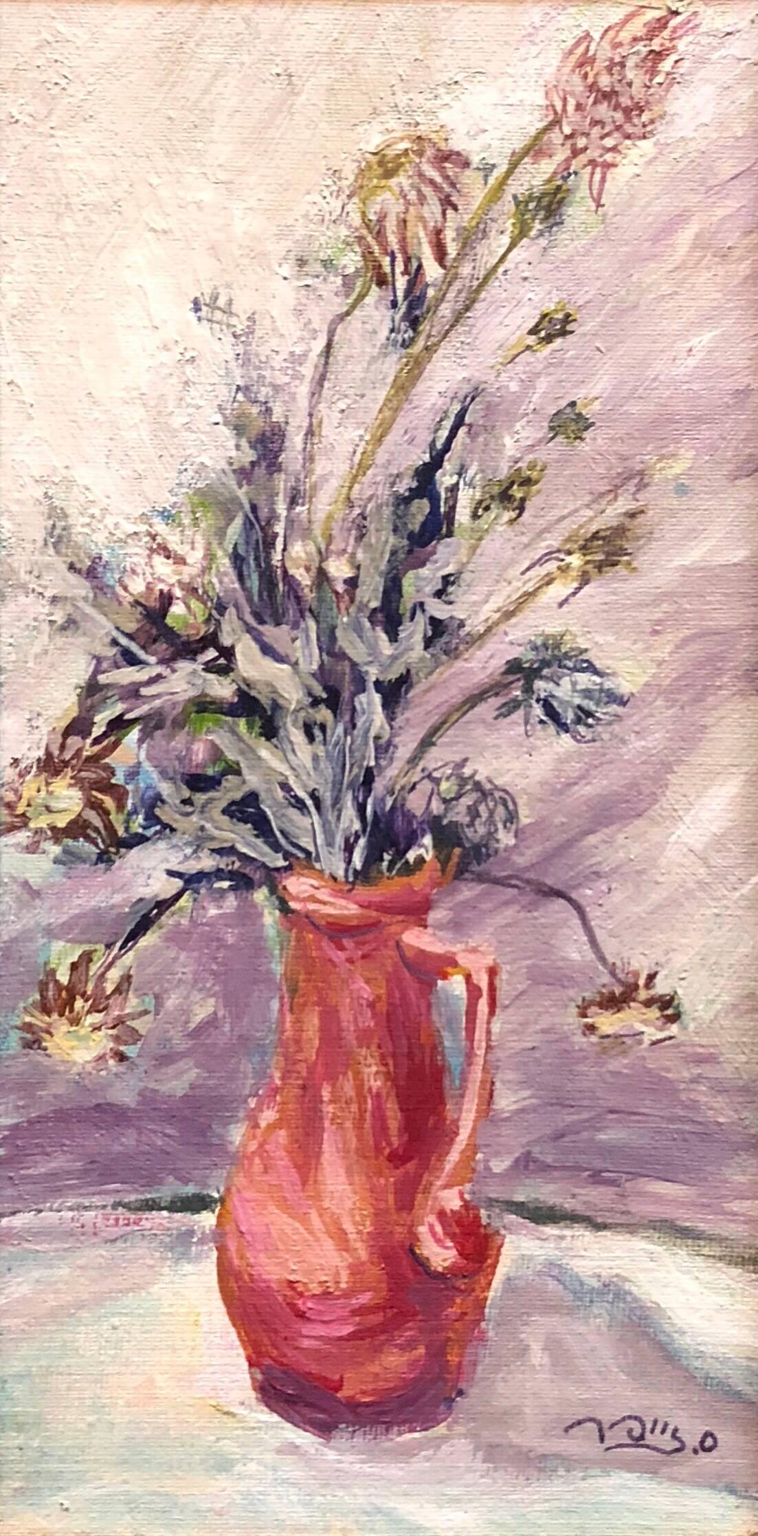 Unknown Still-Life Painting - Israeli Expressionist Oil Painting Floral Bouquet Signed in Hebrew Miniature