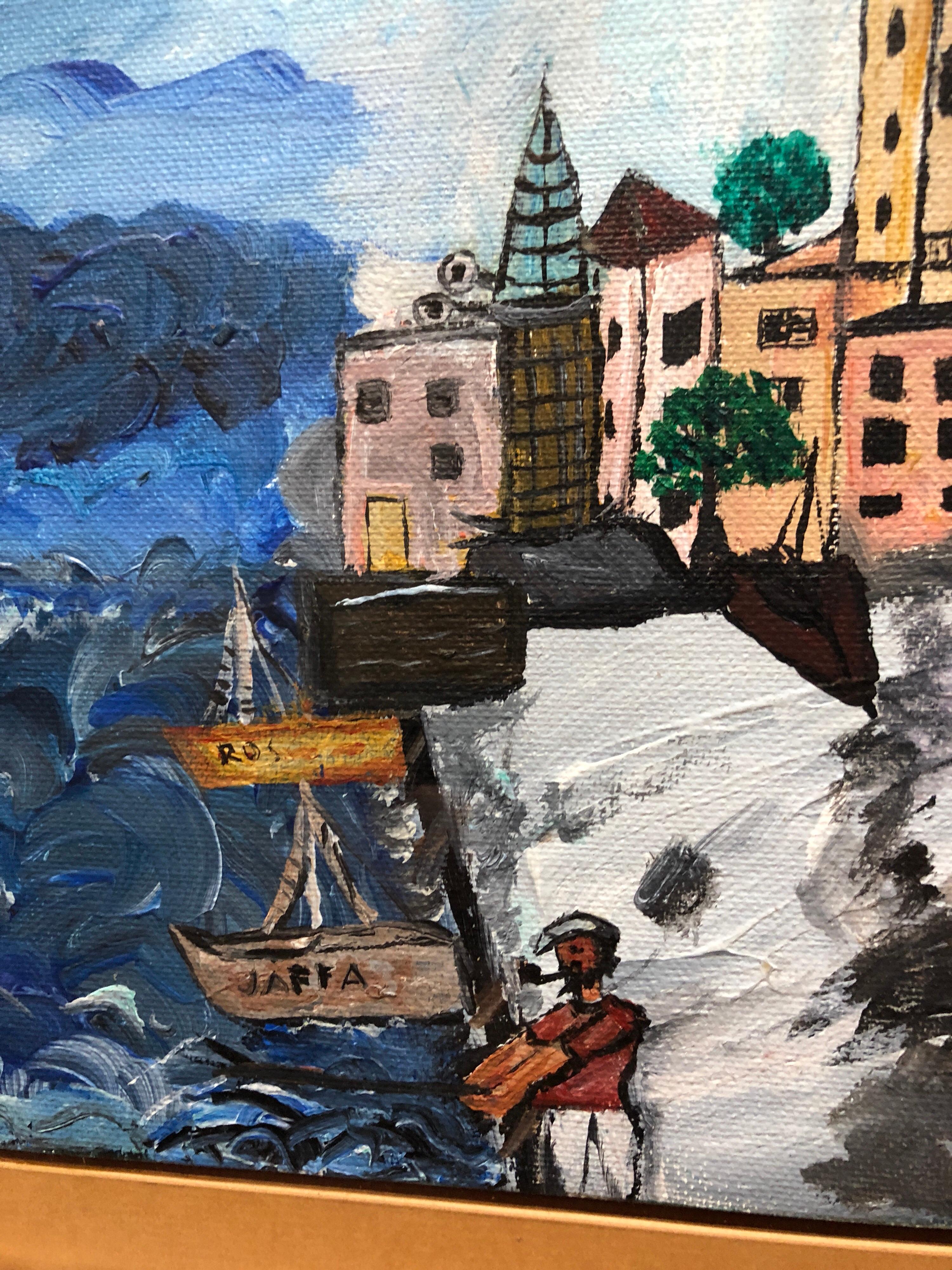 Israeli Modernist Tel Aviv Jaffa Port Folk Art Fisherman with Boat Oil Painting - Gray Landscape Painting by Unknown