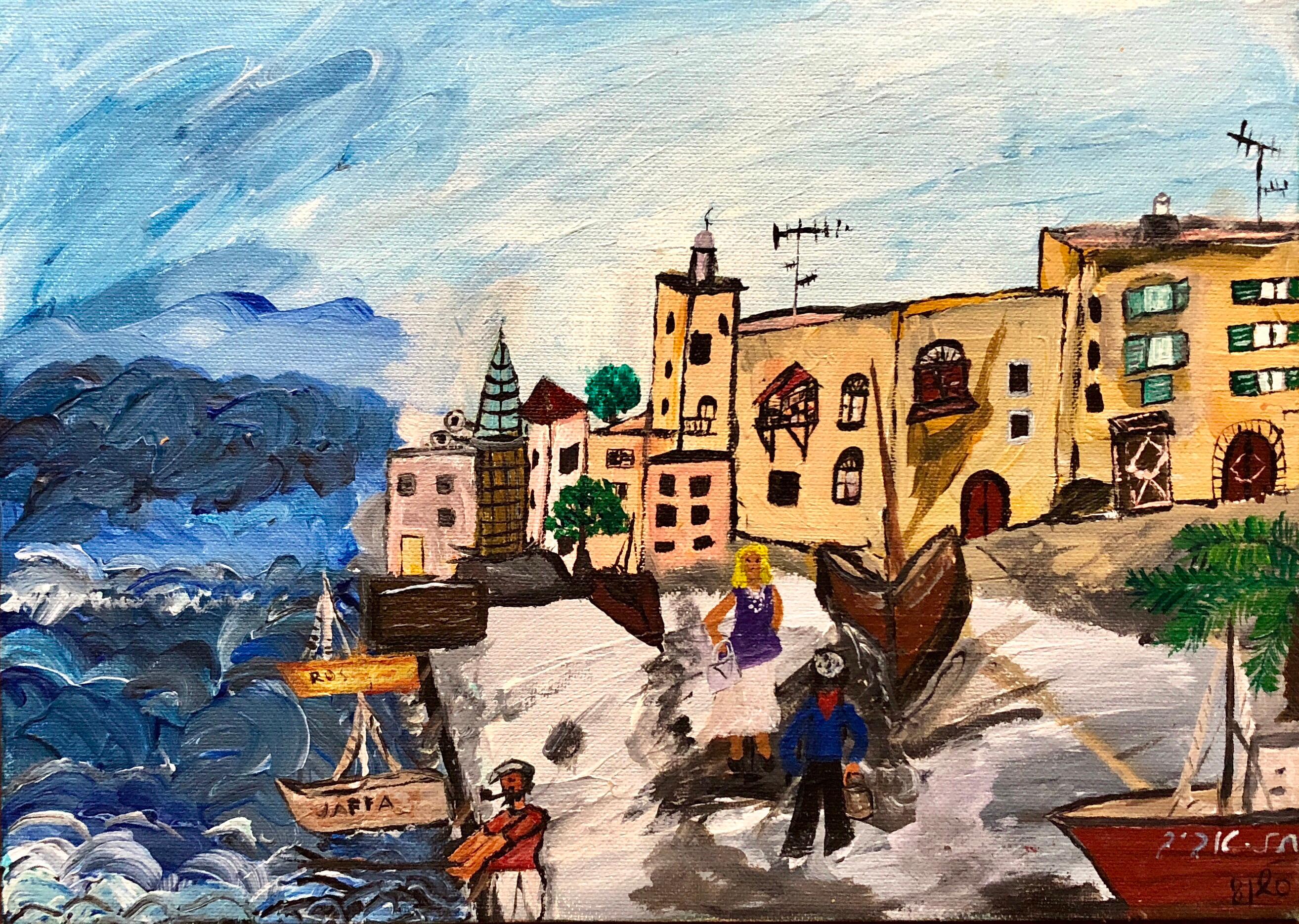 Unknown Landscape Painting - Israeli Modernist Tel Aviv Jaffa Port Folk Art Fisherman with Boat Oil Painting