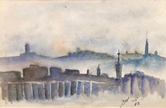 Israeli Modernist Watercolor Landscape Signed in Hebrew