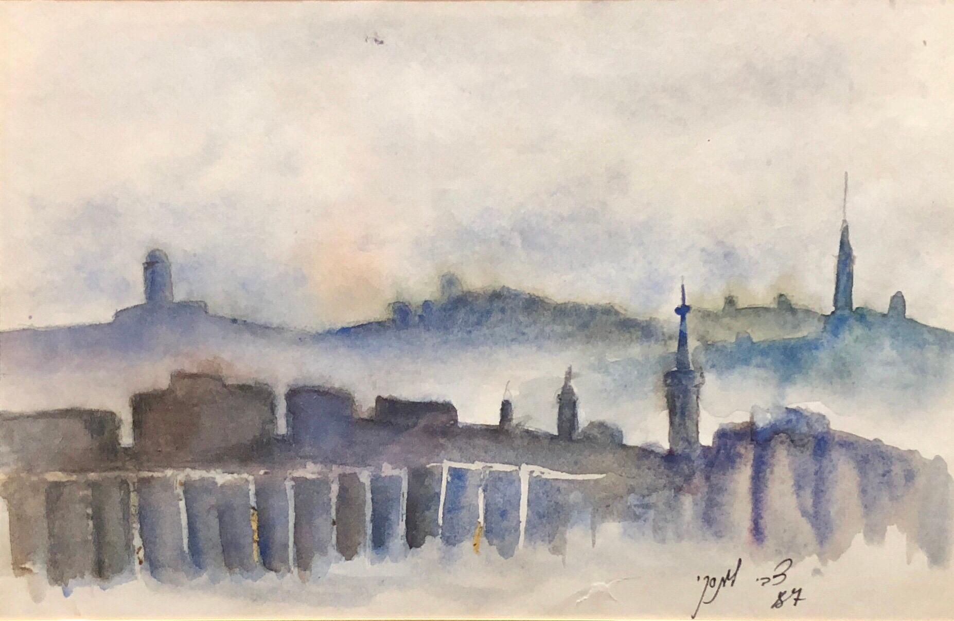 Israeli Modernist Watercolor Landscape Signed in Hebrew - Painting by Unknown