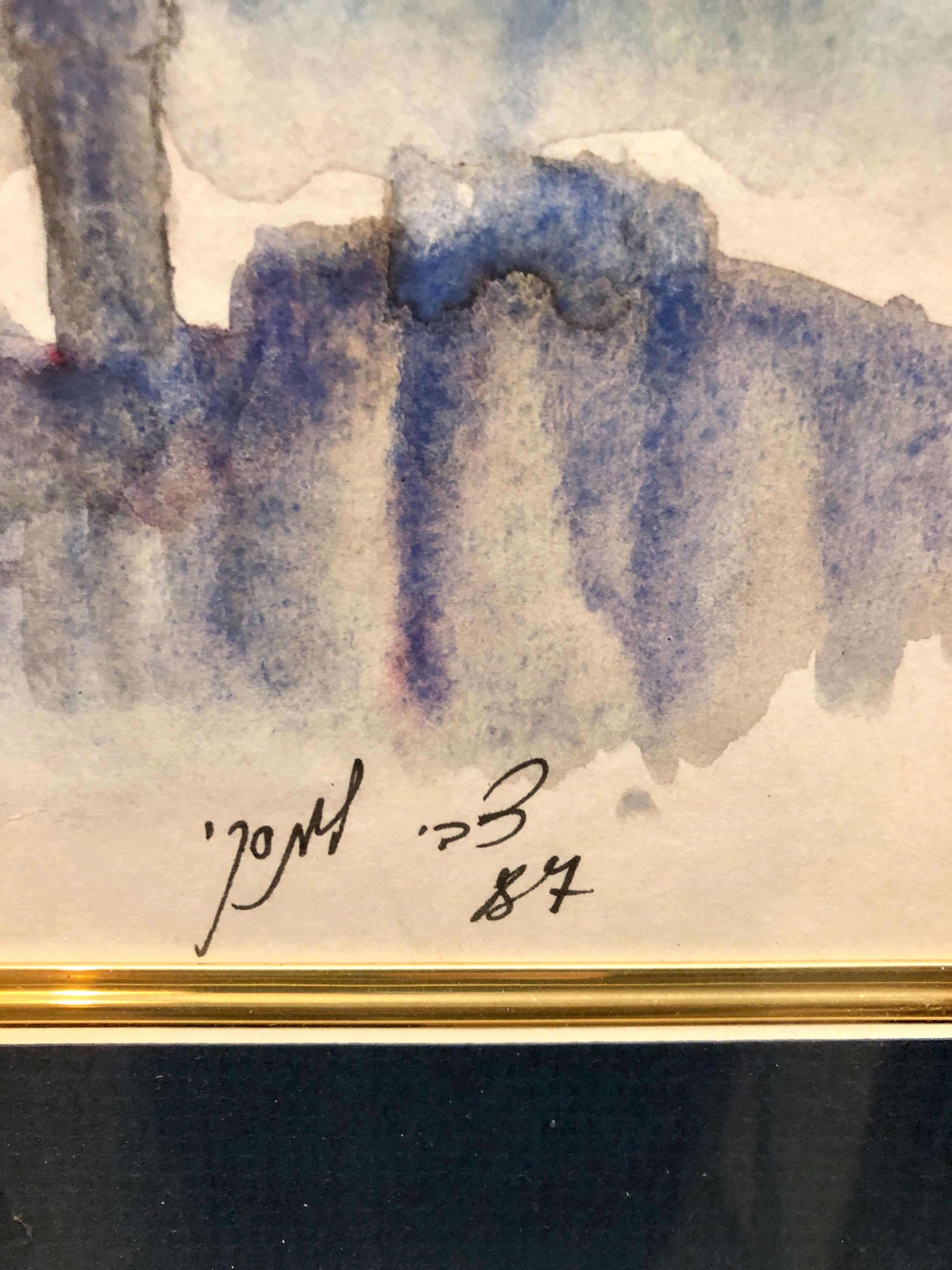 Israeli Modernist Watercolor Landscape Signed in Hebrew - Brown Figurative Painting by Unknown