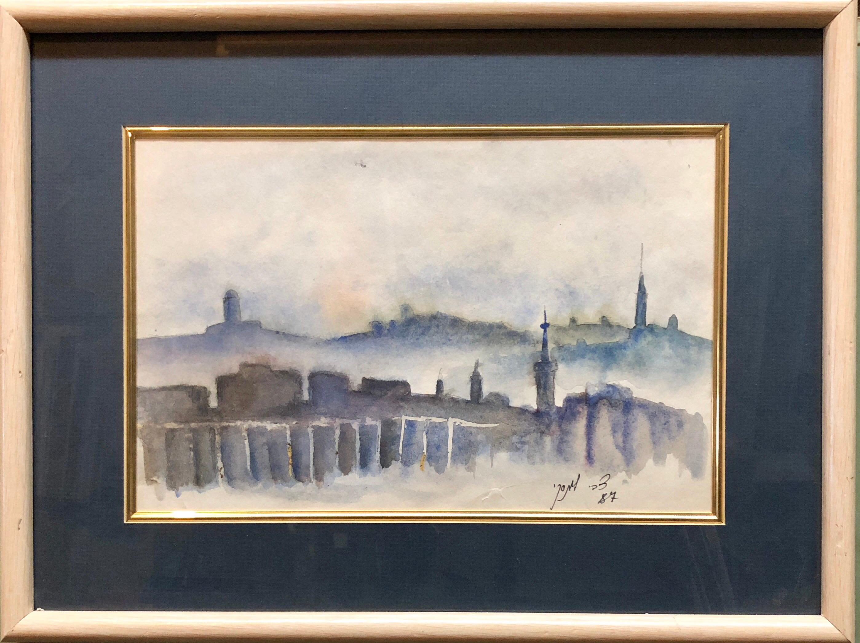 Unknown Figurative Painting - Israeli Modernist Watercolor Landscape Signed in Hebrew