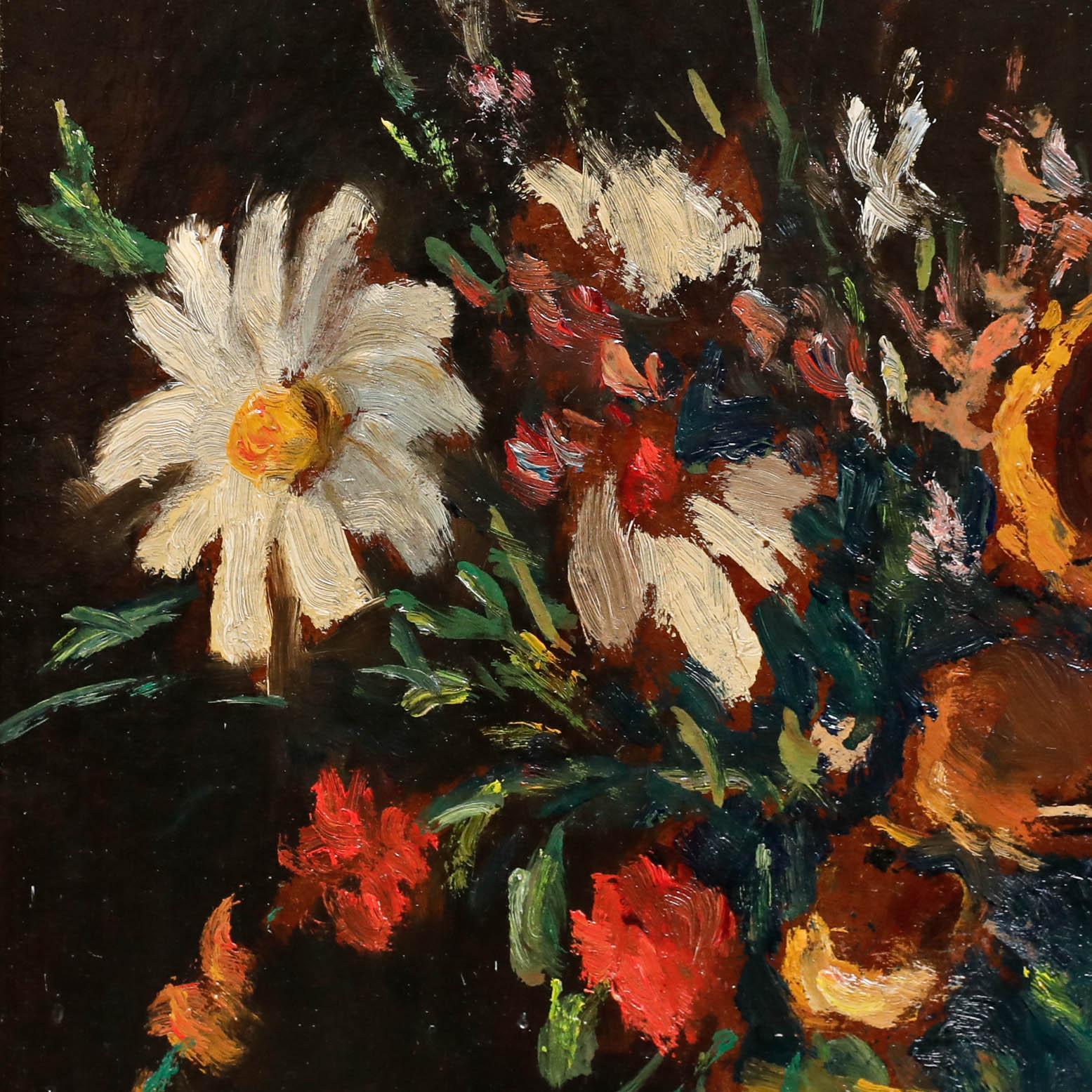 Cette peinture à l'huile expressive représente des roses sauvages dans une composition de nature morte de l'artiste hongrois Istvan Artistics. L'œuvre se caractérise par une texture délicate et une utilisation atmosphérique des couleurs, typiques de