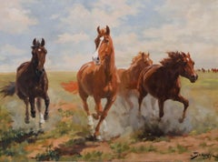 István von Somogyi (1897-1971) - Olio della metà del XX secolo con cornice, Cavalli al galoppo