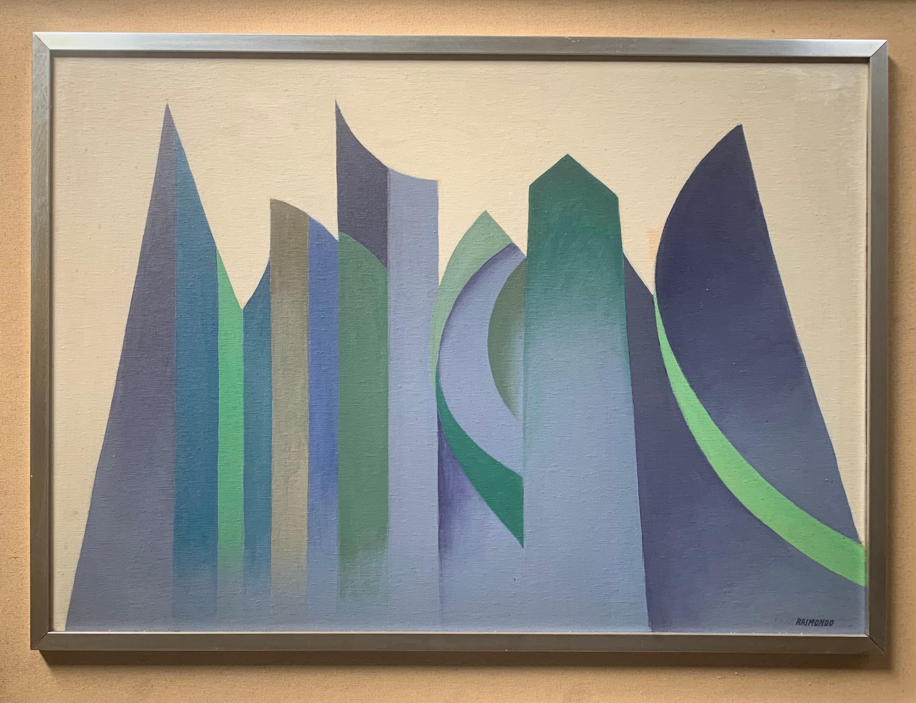 Italian Abstract Cityscape with Towers. Circa 1970 - Abstract Geometric Painting by Unknown