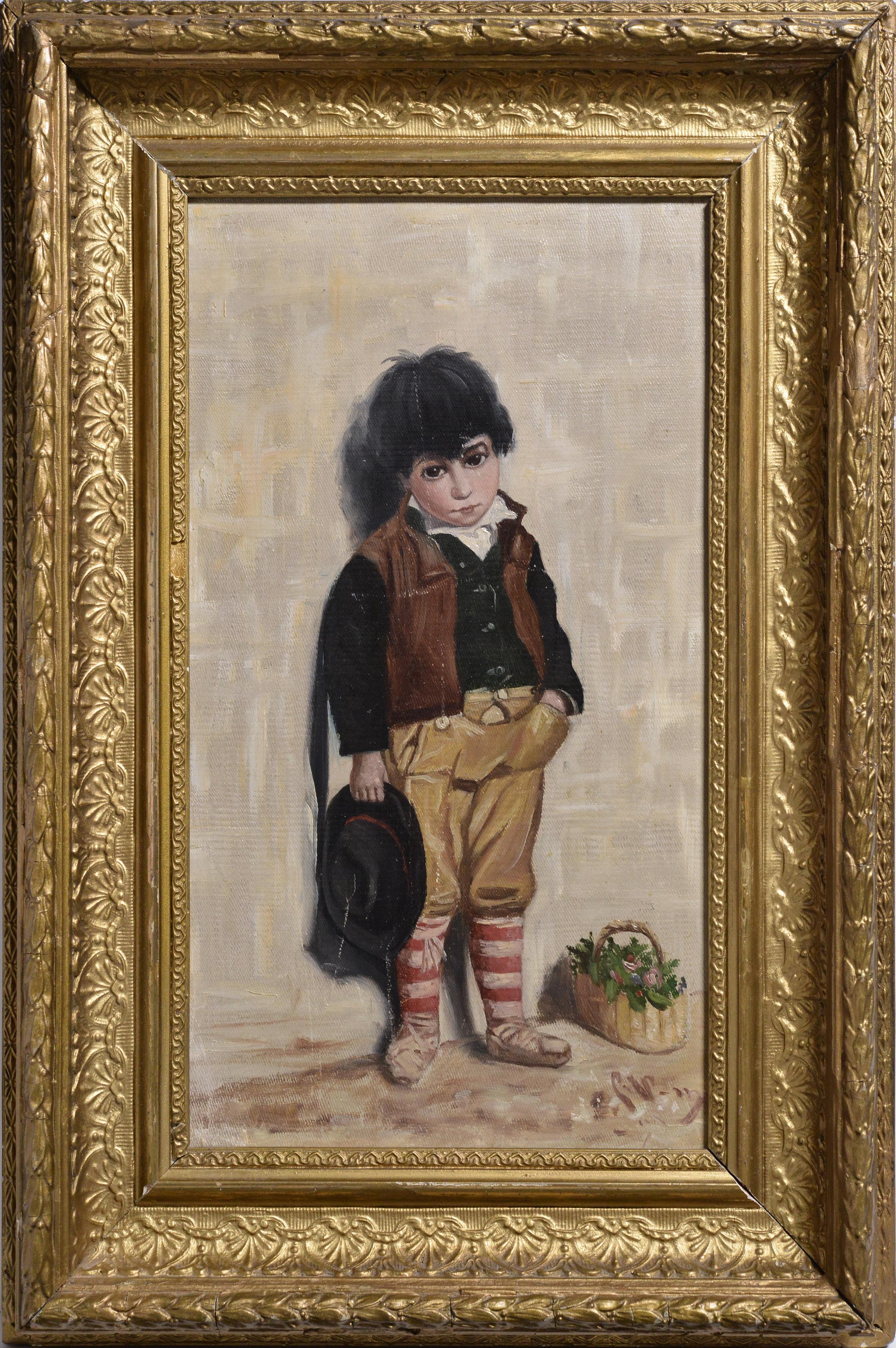 Italian Boy with Basket of Flowers 19th Century Oil Painting Signed Framed