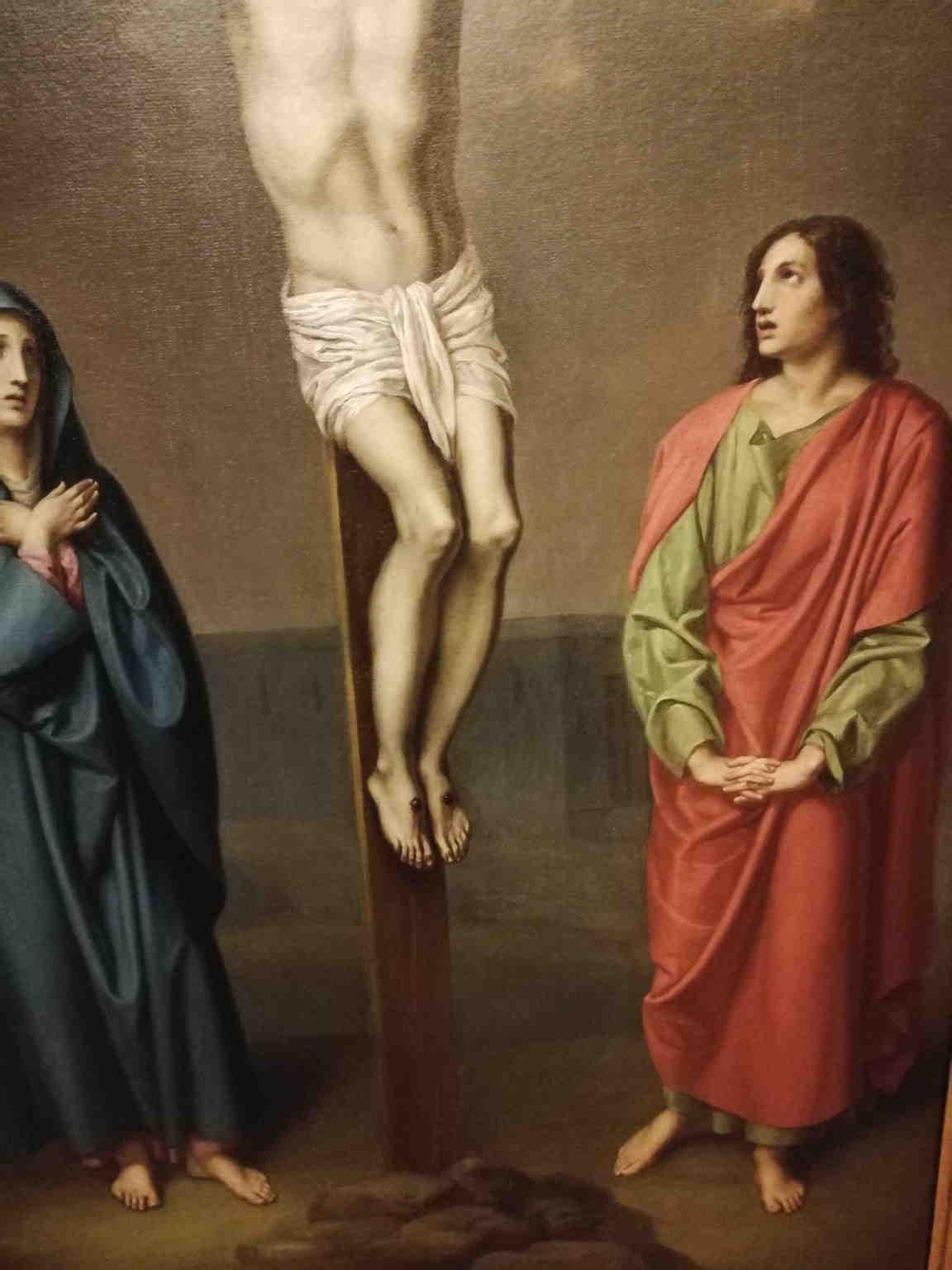 This painting (oil on canvas 97.5 x 63.5 cm; 104 x 71 cm with frame) represents a crucifixion.
The white body of Christ stands out in the center, surrounded by the Virgin Mary and Saint John in sorrow.

Even if it's a scene of death and sufferance,