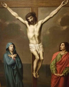 Antique Italian Christian Religious Crucifixion Figurative Painting oil on canvas 19th