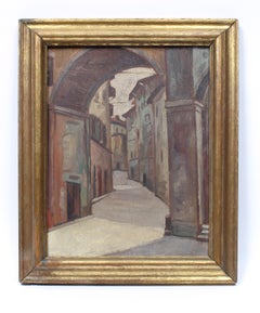 Italian European Modern Cityscape Siena Walled City Oil Painting Gold Framed