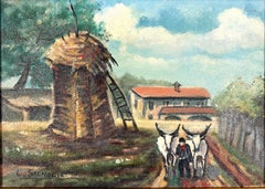 Italian Farm Scene with Oxen and Haystack Original Oil Painting by E. Signor