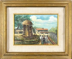 Italian Farm Scene with Oxen and Haystack Original Oil Painting by E. Signor