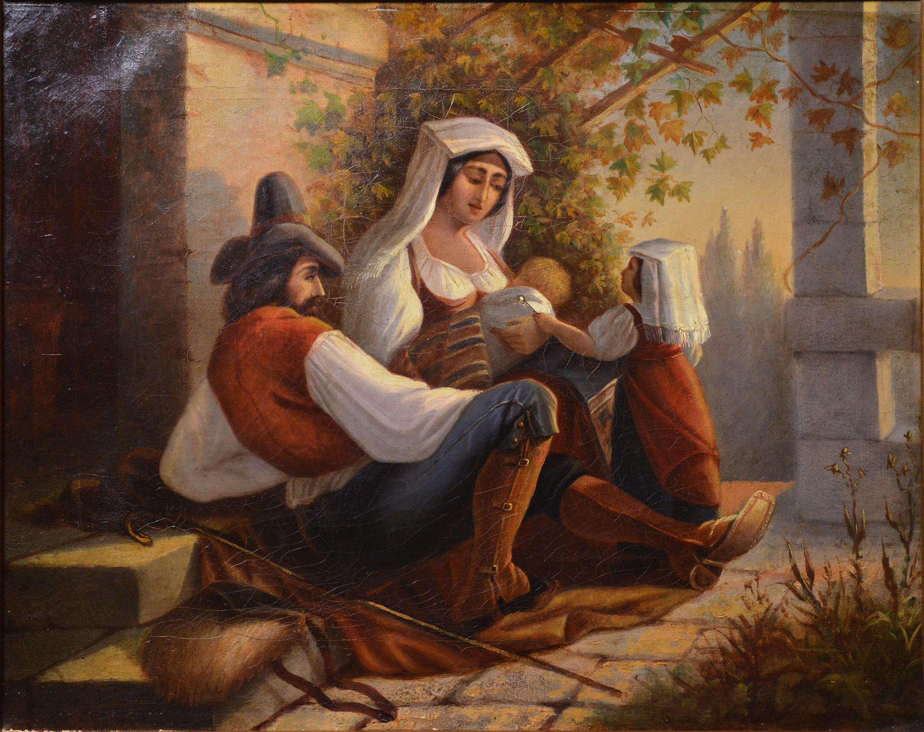 Scène de genre italienne Famille sur une halte 19e siècle Huile encadrée - Painting de Unknown
